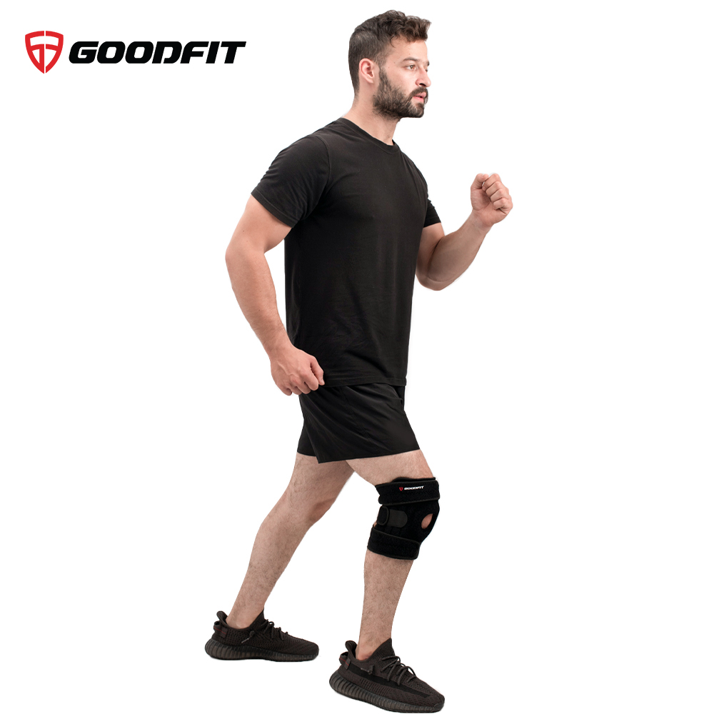 Bó gối thể thao, băng đầu gối thủ môn, băng bảo vệ đầu gối tập gym GoodFit đệm silicone, thanh lò xo trợ lực GF515K