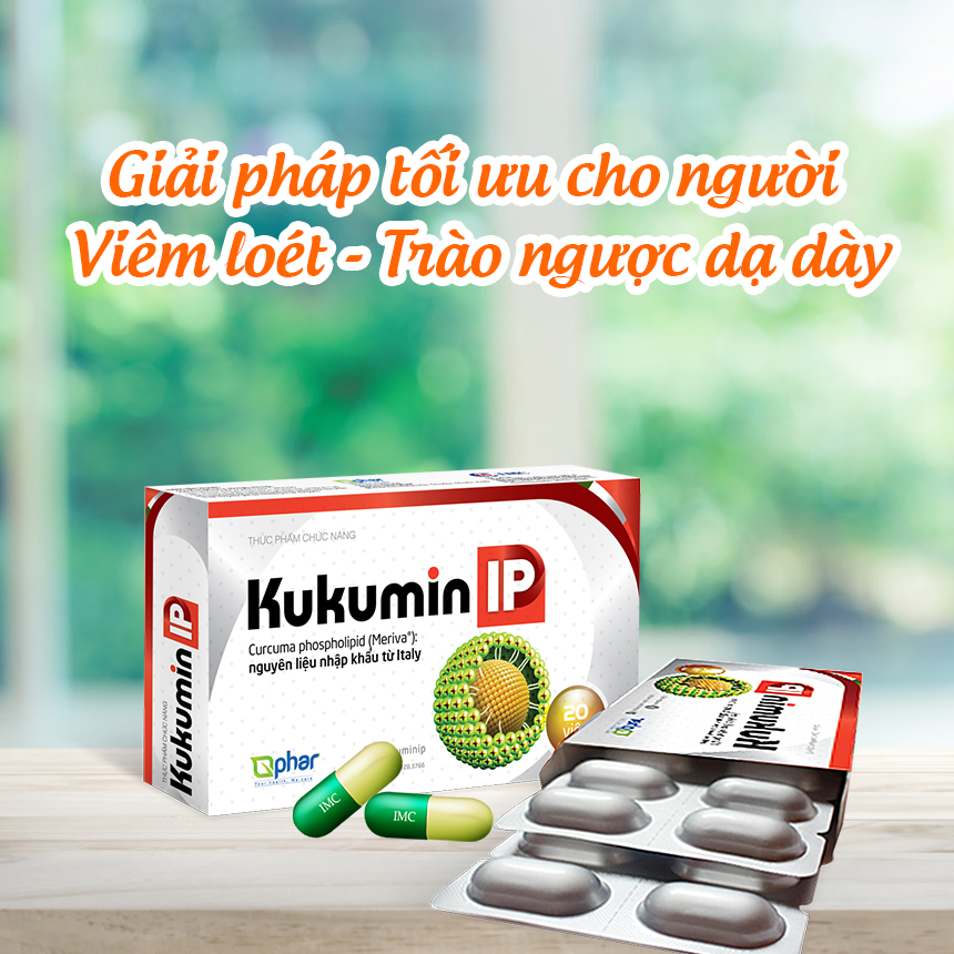 Thực phẩm bảo vệ sức khỏe KUKUMIN IP (Chứa Curcumin Phytosome từ Italia) - cho người trào ngược và viêm loét dạ dày (20 viên)