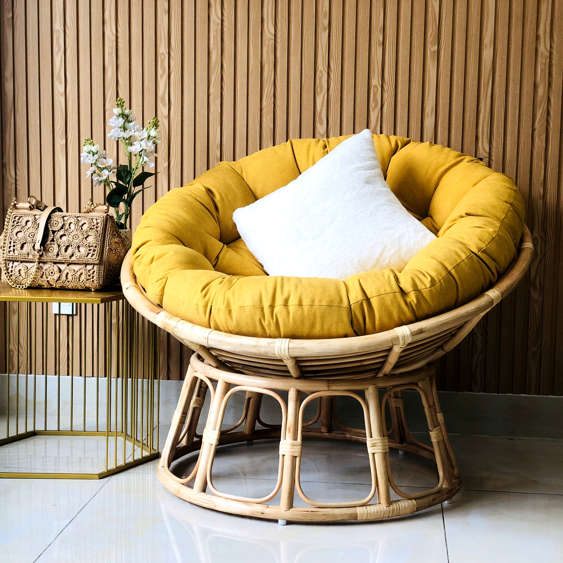 GHẾ MÂY PAPASAN CAO CẤP - VẢI BỐ- MÀU VÀNG