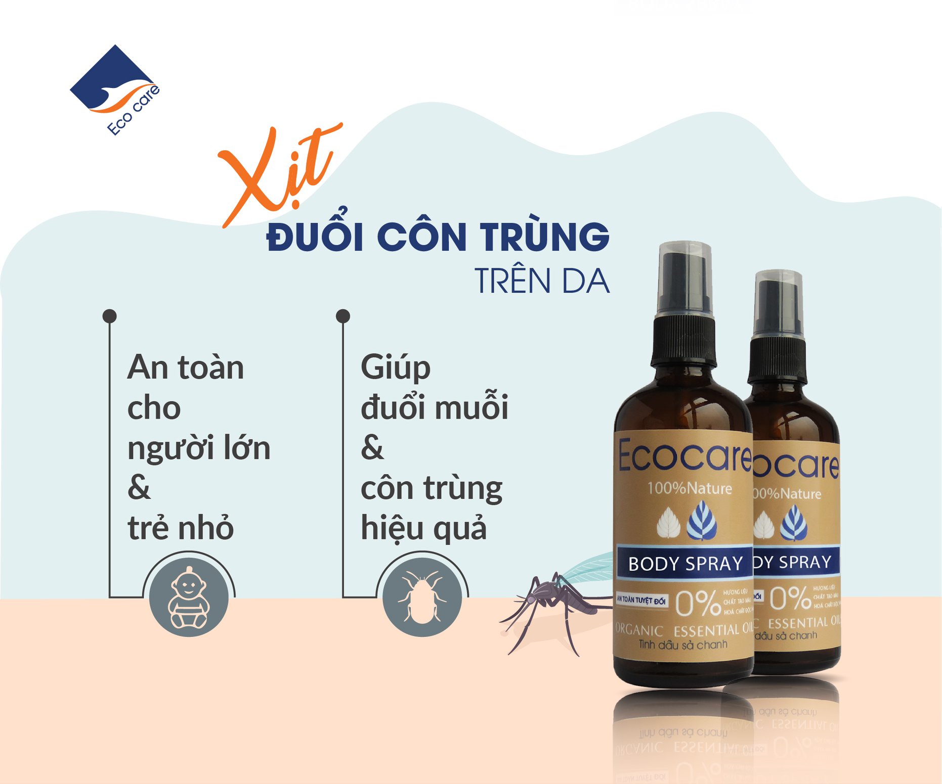 Tinh Dầu Xịt Phòng Đuổi Muỗi, Côn Trùng, Gián, Mối ECOCARE Air Spray - 100% thiên nhiên, an toàn sức khỏe, khử mùi và thanh lọc không khí, hiệu quả suốt cả đêm - Chai 100ml