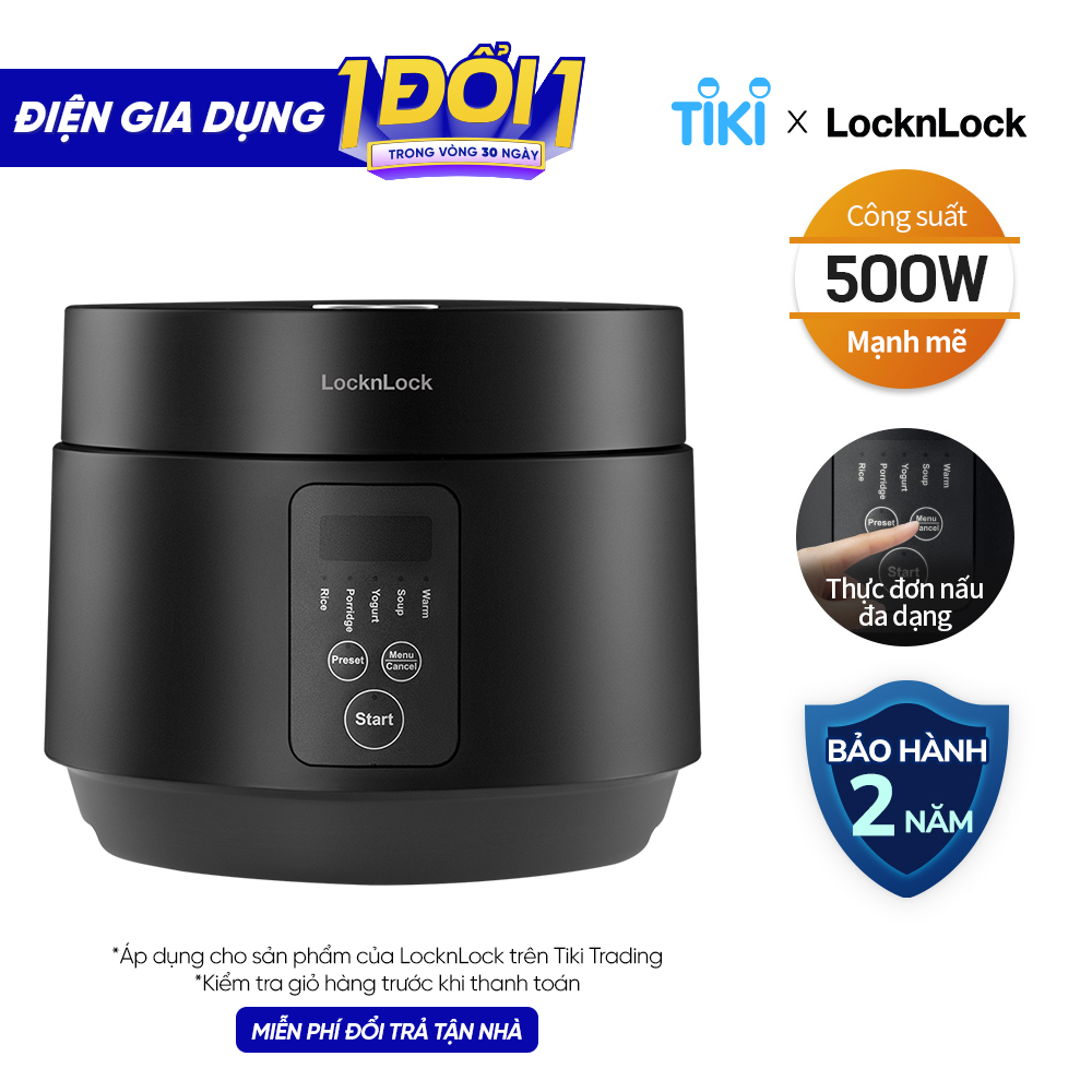 Nồi cơm điện Locknlock EJR346BLK (Giữ ấm 24h - 5 chế độ nấu - lòng nồi chống dính) 1.2 Lít - Black - Hàng chính hãng