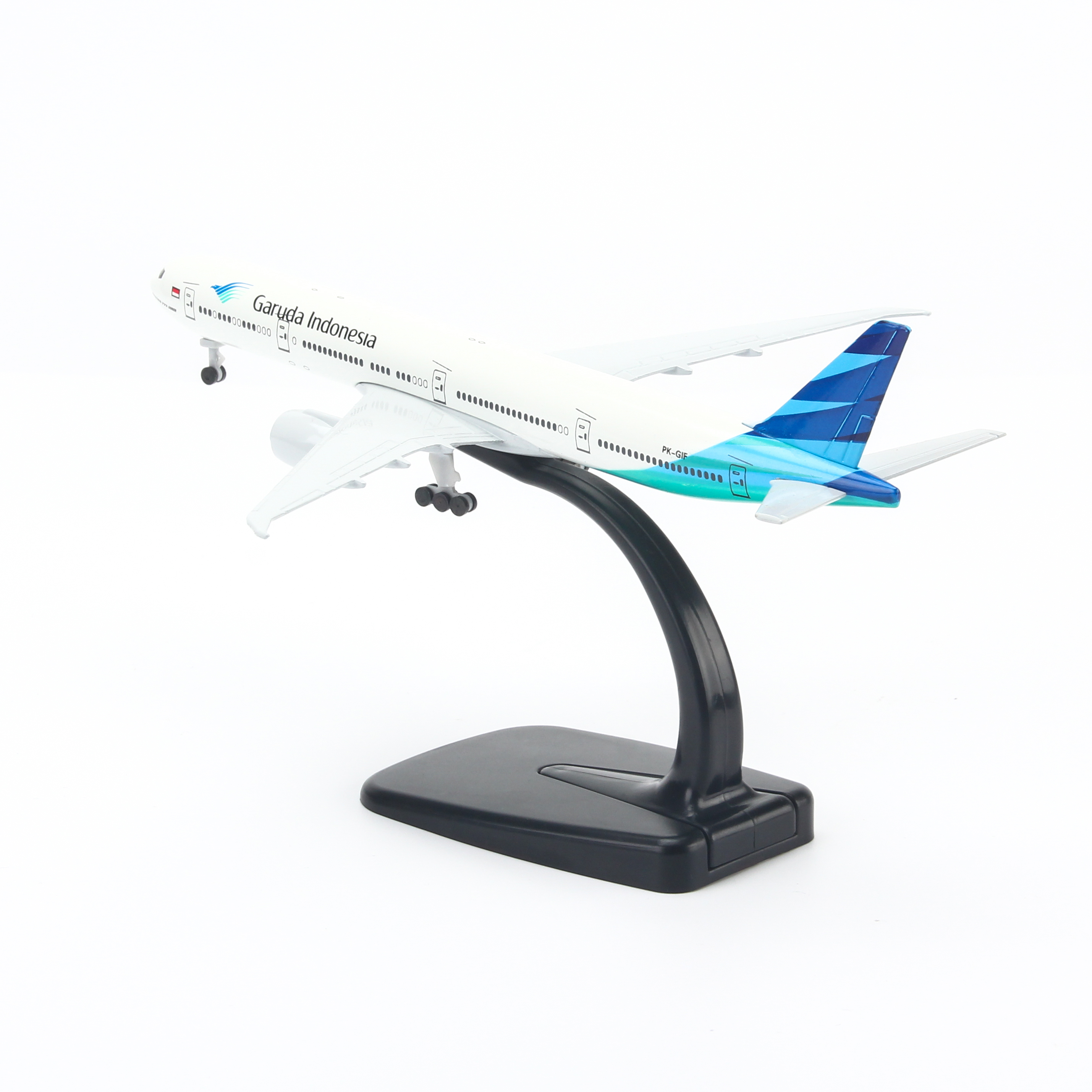 Mô hình máy bay Boeing777 Garuda Indonesia (20cm) ( Trắng Xanh,có bánh )