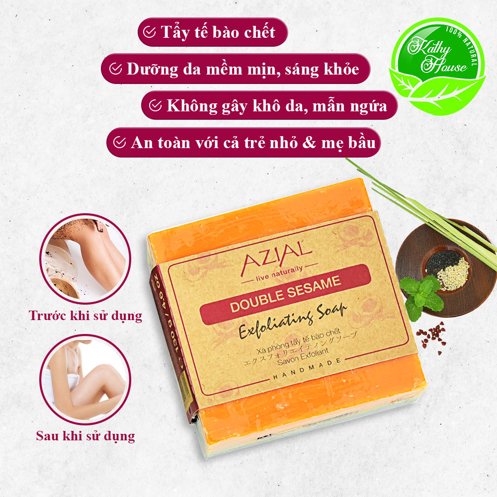 Xà phòng tắm thiên nhiên AZIAL Double Sesame Exfoliating Soap, xà bông cục handmade tẩy tế bào chết, dưỡng ẩm, giúp da sáng mịn, hương thơm Bạc Hà sảng khoái