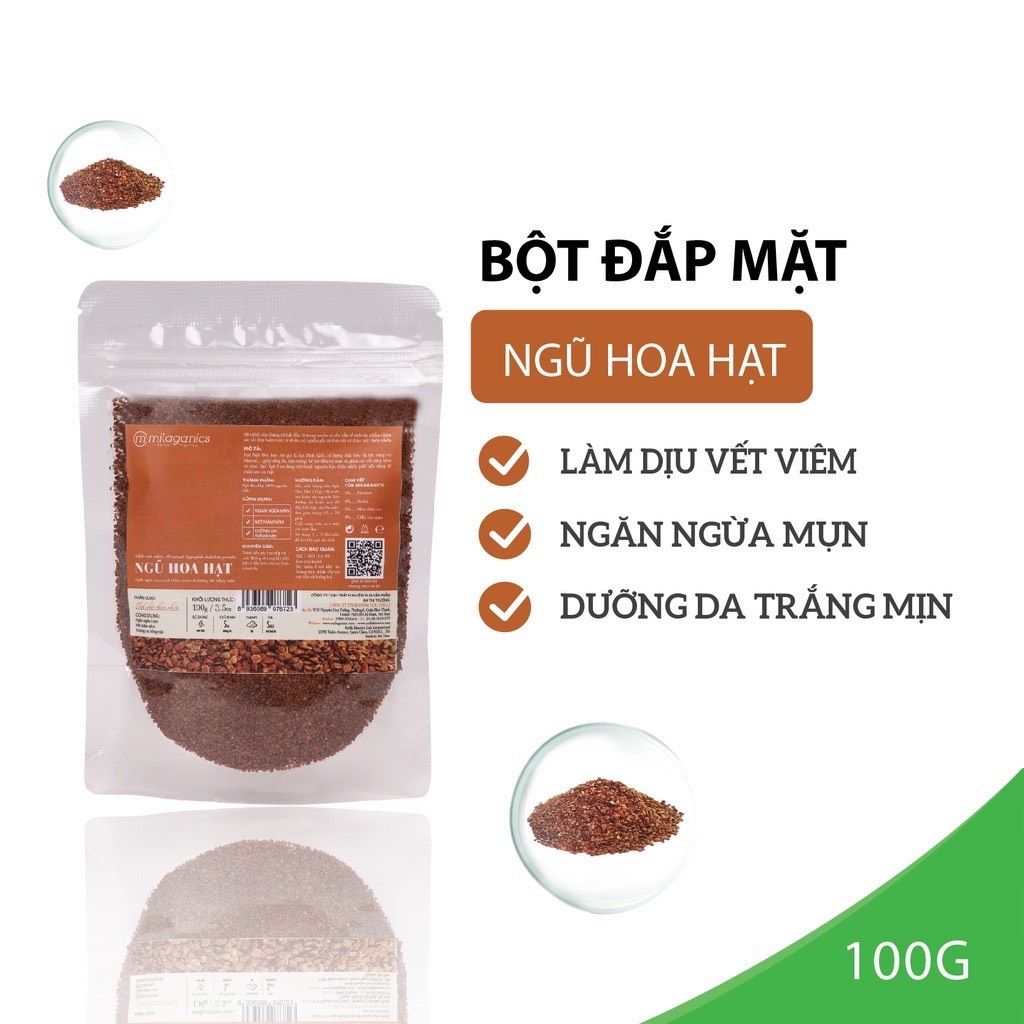 Bột Ngũ Hoa Hạt Nguyên Chất Đắp Mặt Nạ Dưỡng Da Trắng Mịn &amp; Ngăn Ngừa Mụn MILAGANICS 100gr (Túi Zip)