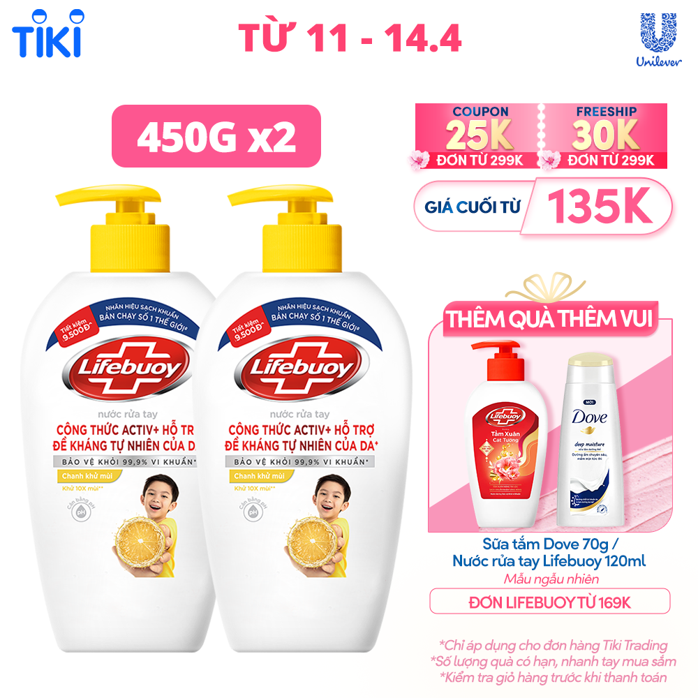 Combo 2 Nước Rửa Tay Lifebuoy Cho Tay Làm Bếp Giúp Khử Mùi Khó Chịu Và Bảo Vệ Khỏi 99.9% Vi Khuẩn Trên Tay Chai 450g