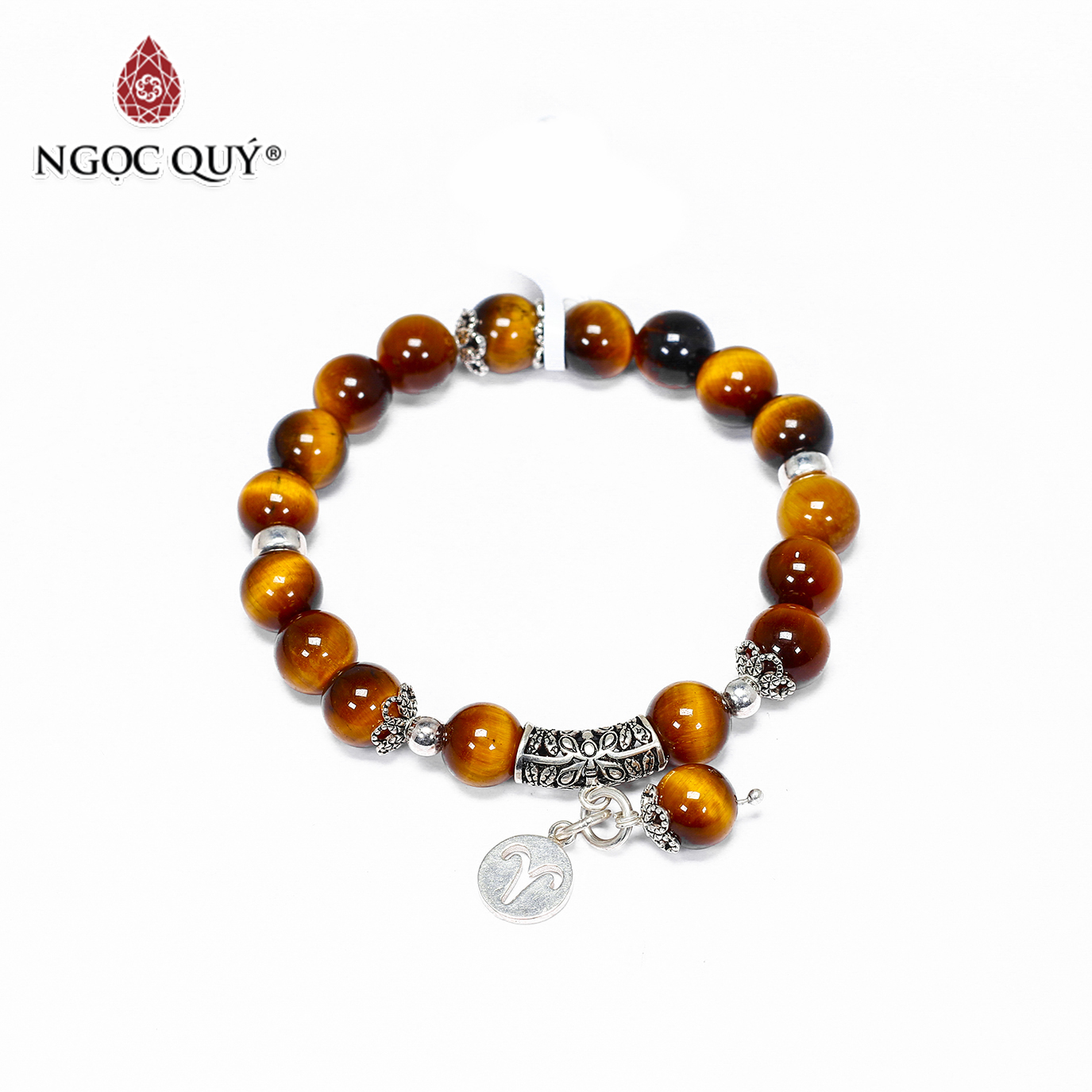 Vòng tay đá mắt hổ vàng nâu charm 12 cung hoàng đạo bạc size hạt 8mm - Ngọc Quý Gemstones