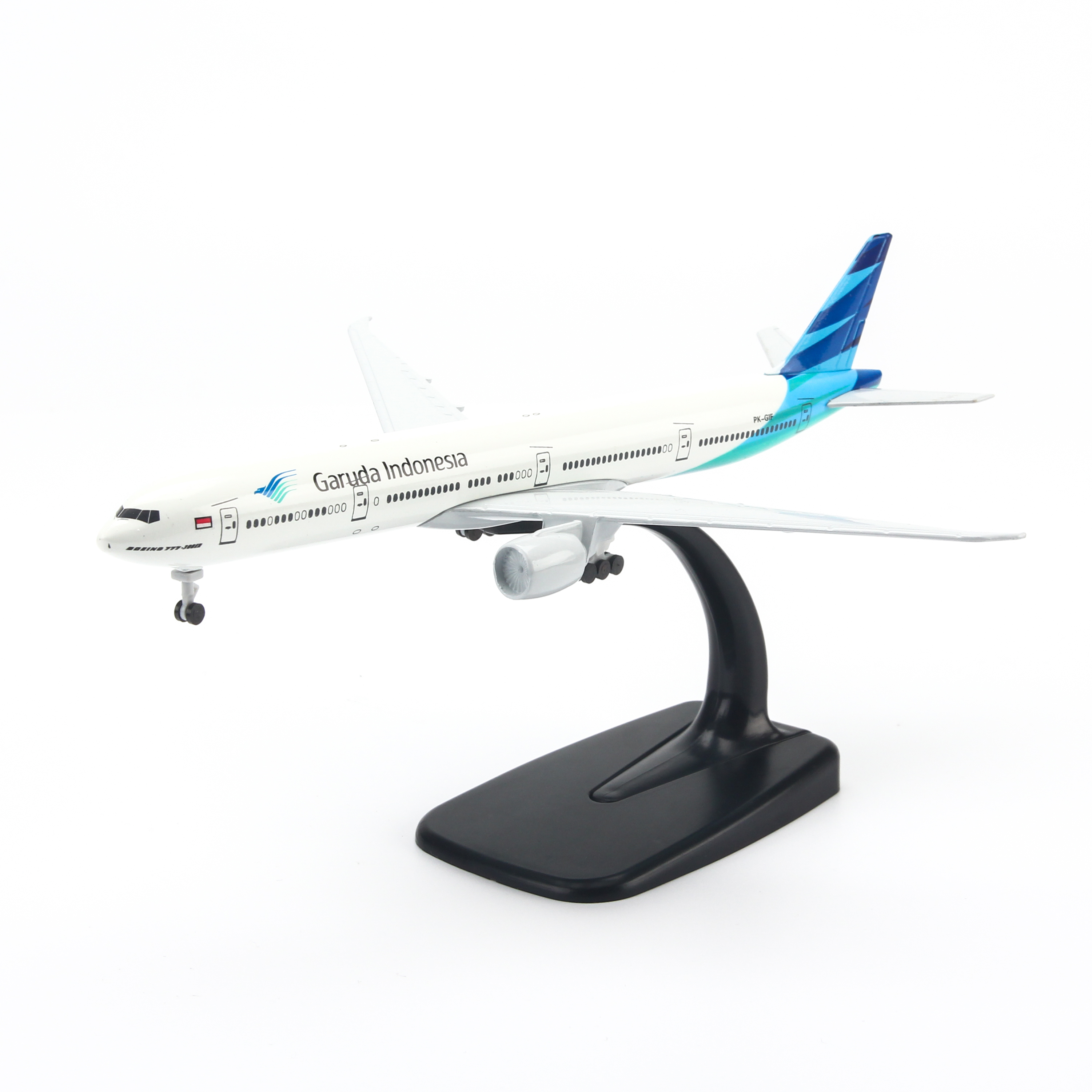 Mô hình máy bay Boeing777 Garuda Indonesia (20cm) ( Trắng Xanh,có bánh )