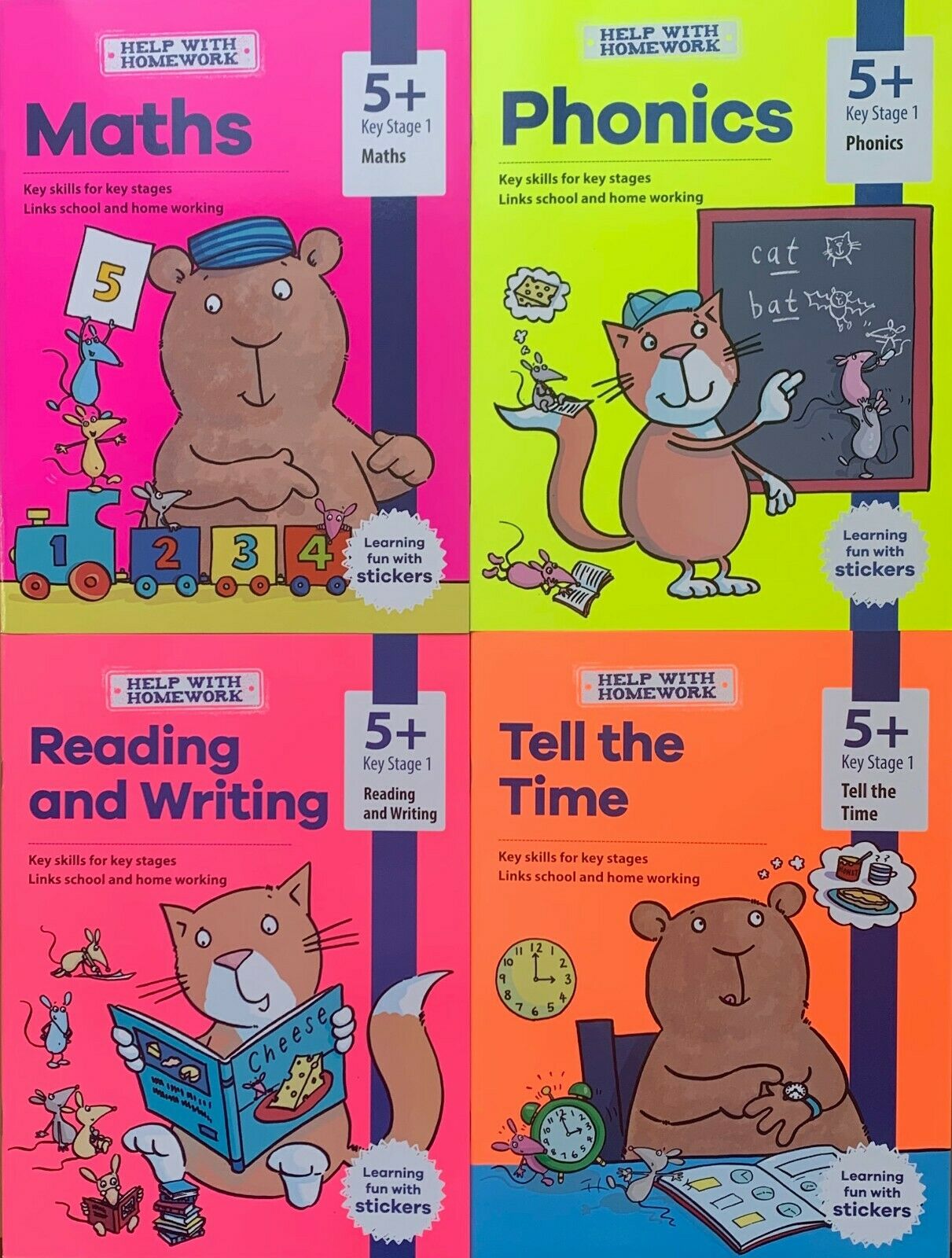 Help With HomeWork - 4 Book Bumper Pack  : Maths , Phonics , Reading and Writing and Tell the Time (Ages 5+) (Includes Awesome Poster)