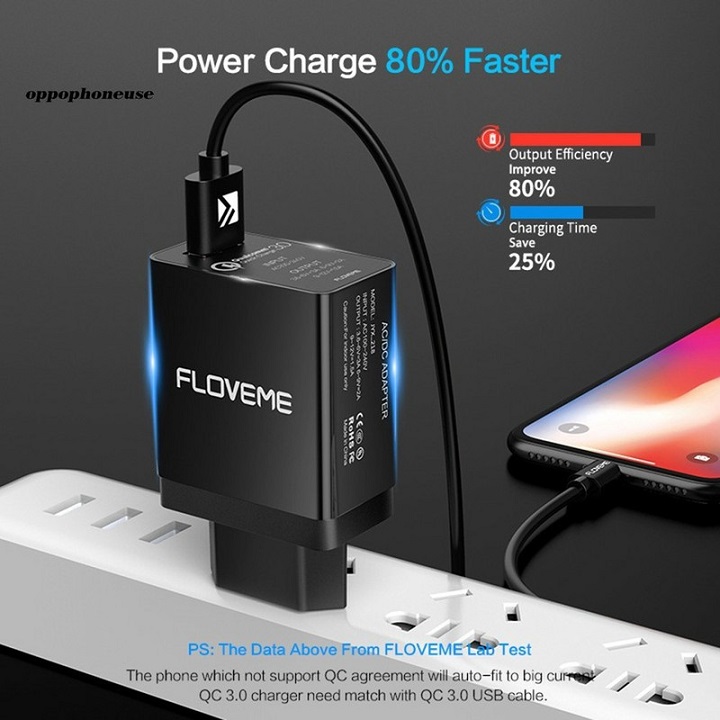 Củ sạc nhanh Floveme Quick Charge 3.0 chip Qualcomm sạc đầy điện thoại, máy tính bảng trong thời gian ngắn.