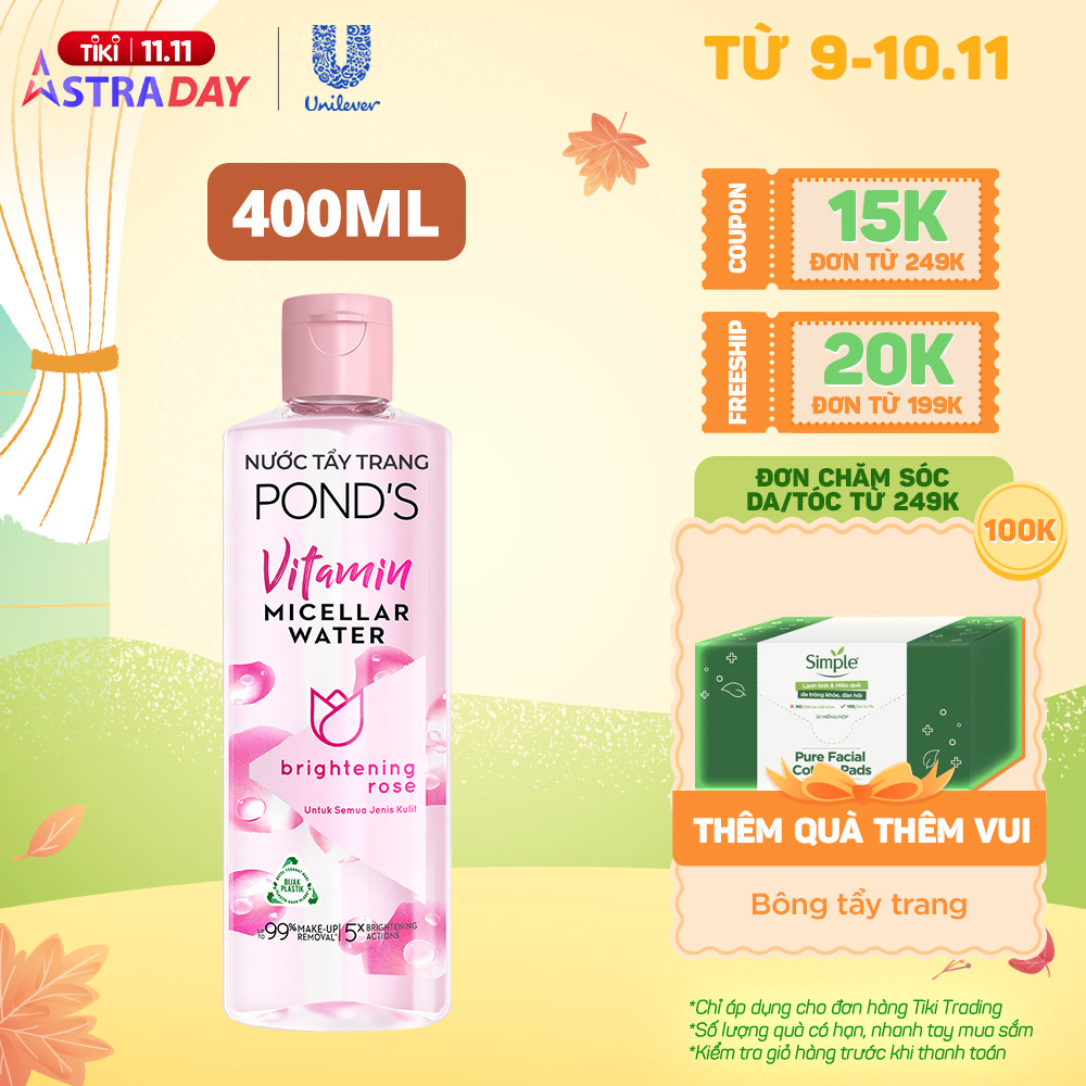 Nước tẩy trang Vitamin và hoa hồng POND'S Vitamin và hoa hồng sáng da Sạch 99% lớp trang điểm sáng da sạch sâu