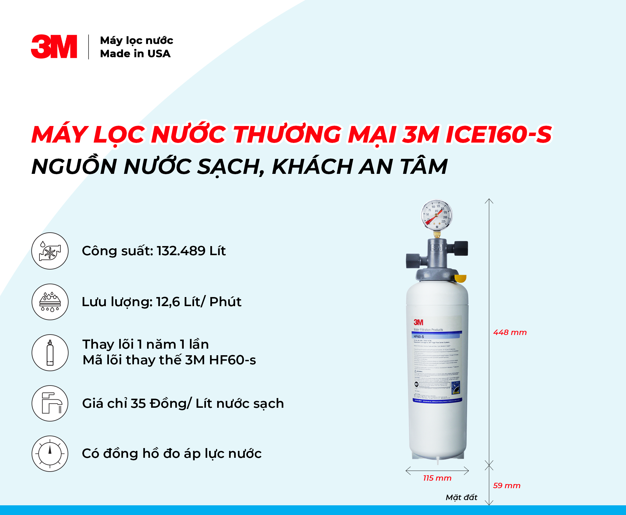 Máy Lọc Nước Dùng Trong Nhà Hàng - Quán Cafe Vừa và Nhỏ 3M ICE160-S - Công Nghệ Lọc IMPACT - Lưu Lượng Nước 12,6 Lít/phút - Công Suất Lọc 132.489 Lít - 3M Product Number ICE160-s 5616303 - Hàng Chính Hãng