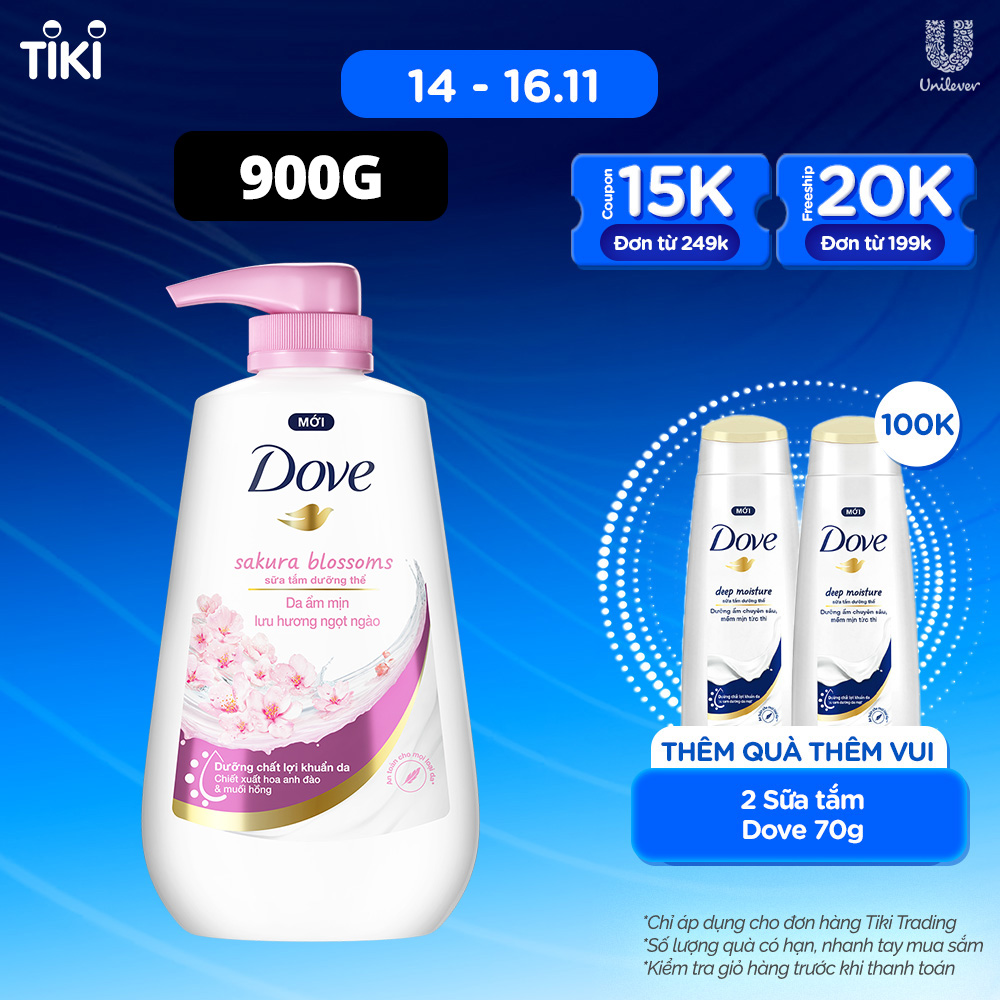 Sữa tắm dưỡng thể Dove Sakura Blossoms Da mềm mịn hương hoa với hương hoa anh đào &amp; muối hồng 900g