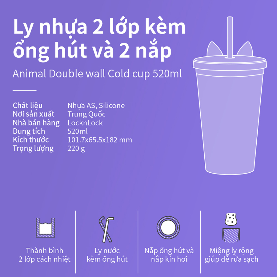 Ly nhựa 2 lớp LocknLock Animal 520ml