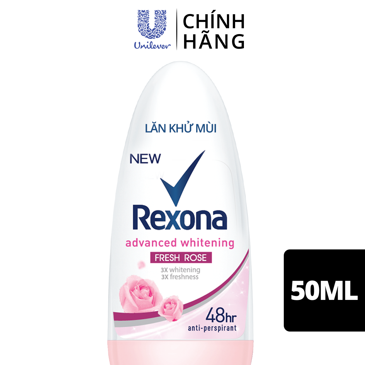 Lăn khử mùi Rexona Whitening Fresh Rose dưỡng sáng tự nhiên hương hoa hồng dành cho nữ, 50ml
