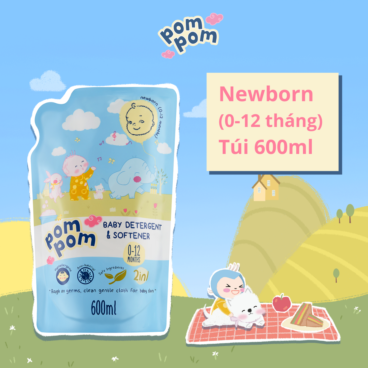 Nước Giặt Xả Pom Pom Newborn chuyên biệt dành cho bé sơ sinh  (0 – 12 tháng)  - Túi 600ml