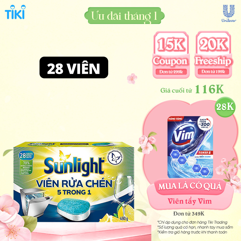 Hộp Viên Rửa Chén Bát SUNLIGHT 5 in 1 Cho Máy Rửa Chén Bát (28V/hộp)