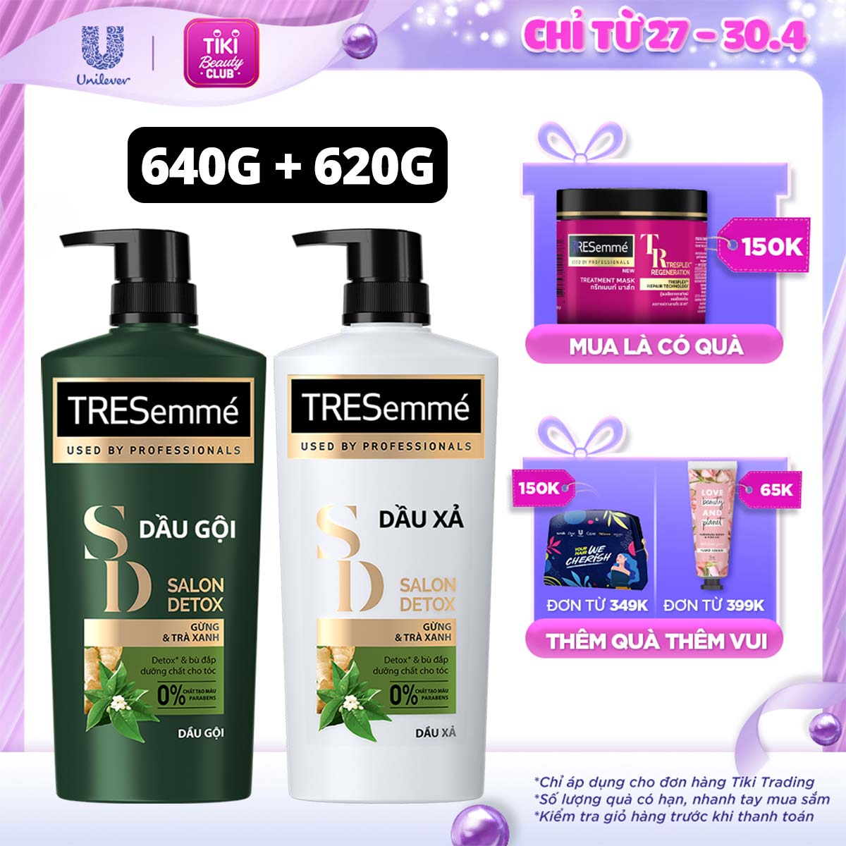 Combo Dầu Gội, Dầu Xả TRESEMME Salon Detox Cho tóc chắc khỏe cùng Gừng và Trà Xanh Dầu gội xả Detox tóc sạch sâu 640g, 620g