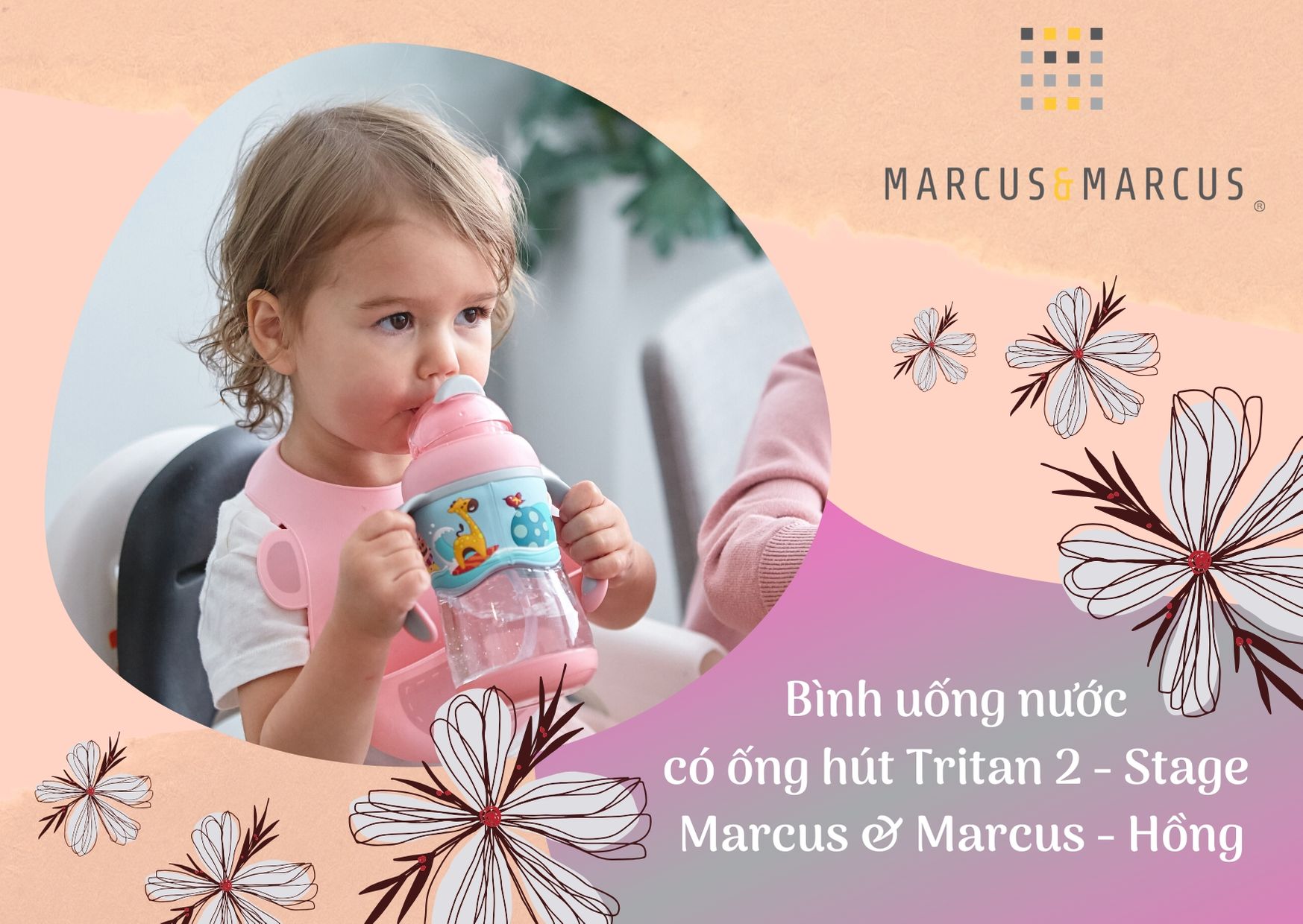 Bình uống nước có ống hút cho bé Tritan 2-Stage Marcus &amp; Marcus, từ 12 tháng - Hồng