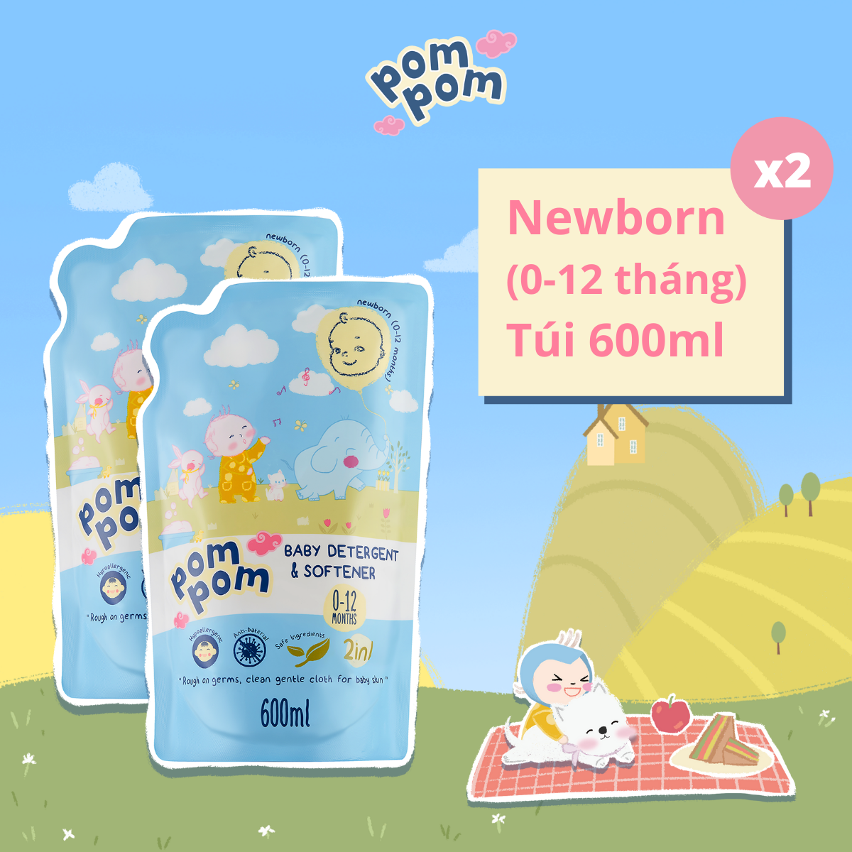 Combo 02 Túi 600ml Nước Giặt xả Em Bé Pom Pom Newborn Kháng Khuẩn Dịu Nhẹ (0 - 12 tháng)