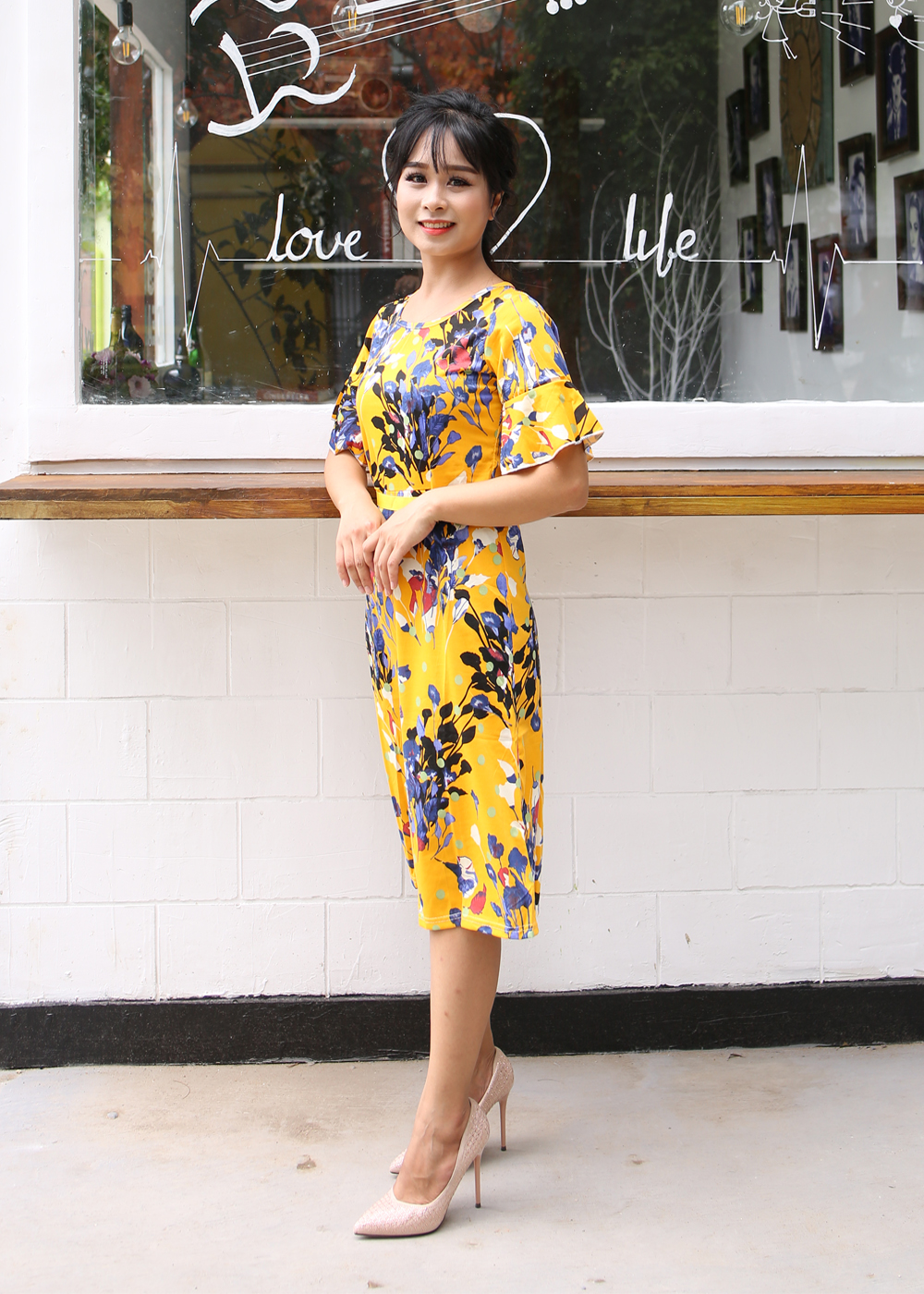 Váy Hoa Vàng Tiểu Thư Cổ Tròn Ôm Eo New4all VH3060 - Freesize Cho người dưới 50Kg