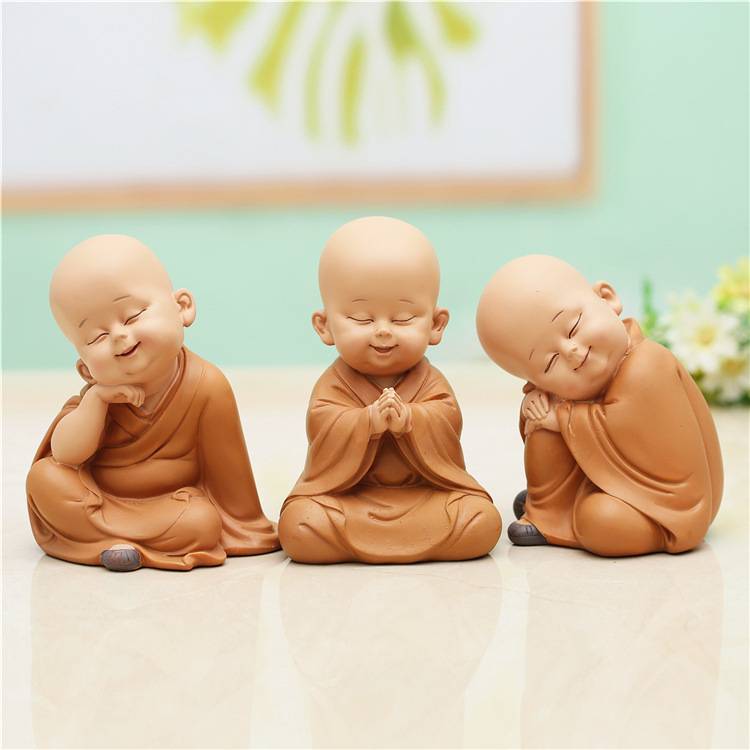 Bộ 03 tượng chú tiểu áo nâu - mẫu chú tiểu ngồi 13.5cm