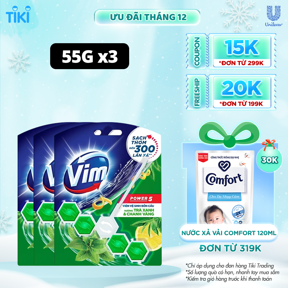 Combo 3 Viên Tẩy Bồn Cầu VIM Power 5 Hương Trà Xanh Chanh Vàng 55G