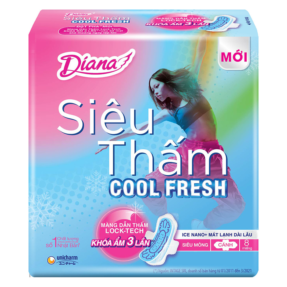 Combo 6 Băng vệ sinh Diana Siêu thấm Cool Fresh Siêu mỏng Cánh gói 8 miếng