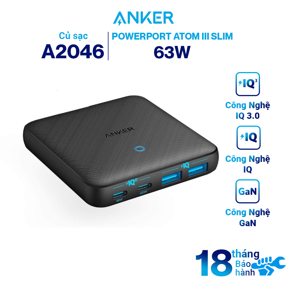 Adapter sạc Anker 4 cổng 63W / 45W GaN + PIQ 3.0 PowerPort Atom III Slim Tích Hợp USB Type-C - A2046 - Hàng chính hãng