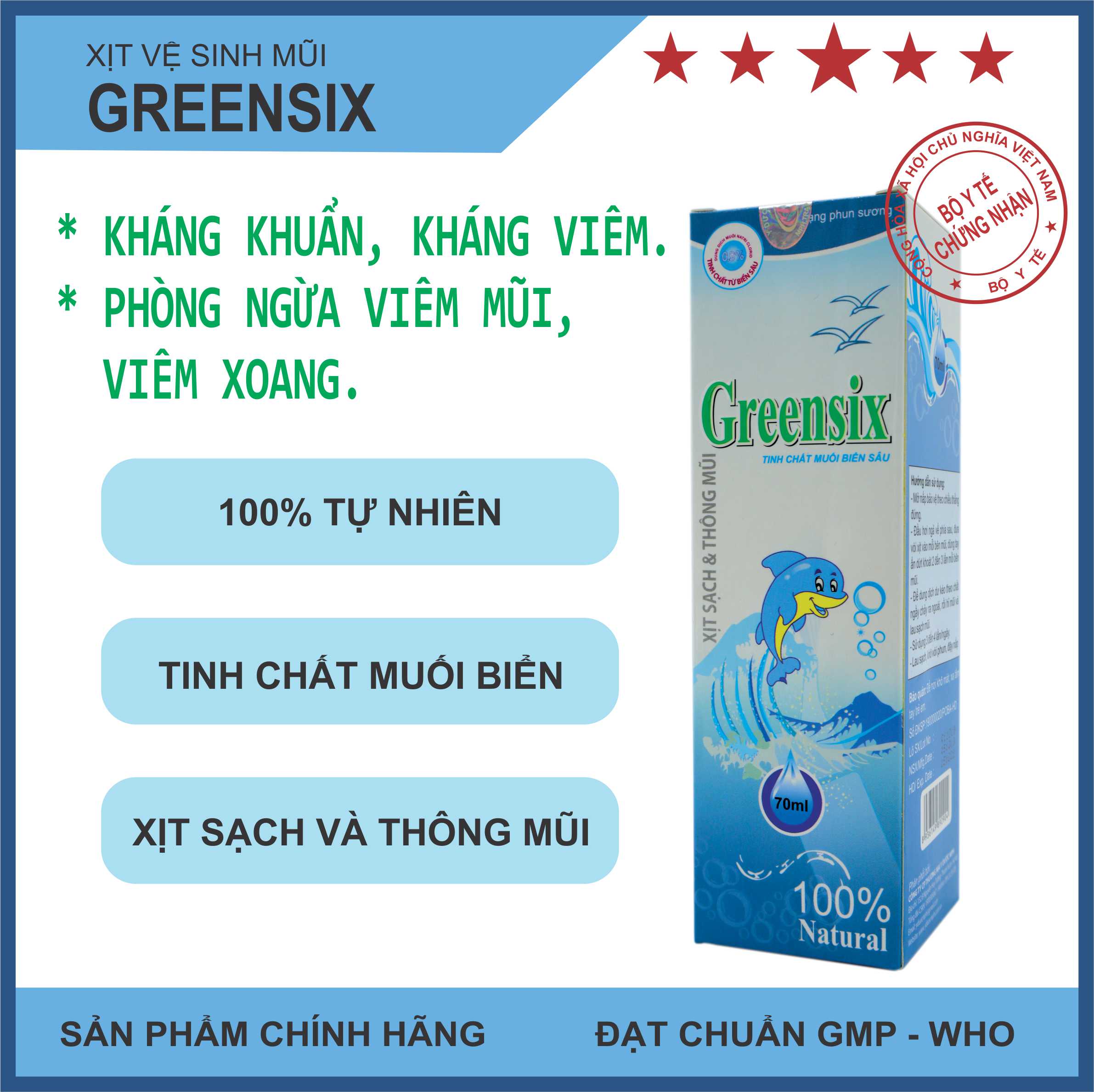 Lọ xịt vệ sinh mũi Greensix - Tinh chất muối biển sâu giúp kháng khuẩn, làm sạch và thông mũi. Phòng ngừa viêm mũi, viêm xoang, không làm khô mũi - Lọ 70ml