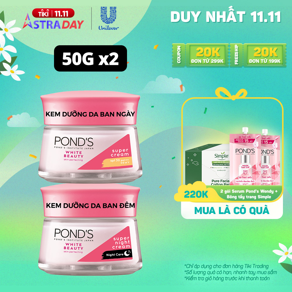 (Mẫu mới) Bộ Đôi Kem Dưỡng Da Ngày Và Đêm Trắng Hồng Rạng Rỡ Pond's White Beauty (45g)