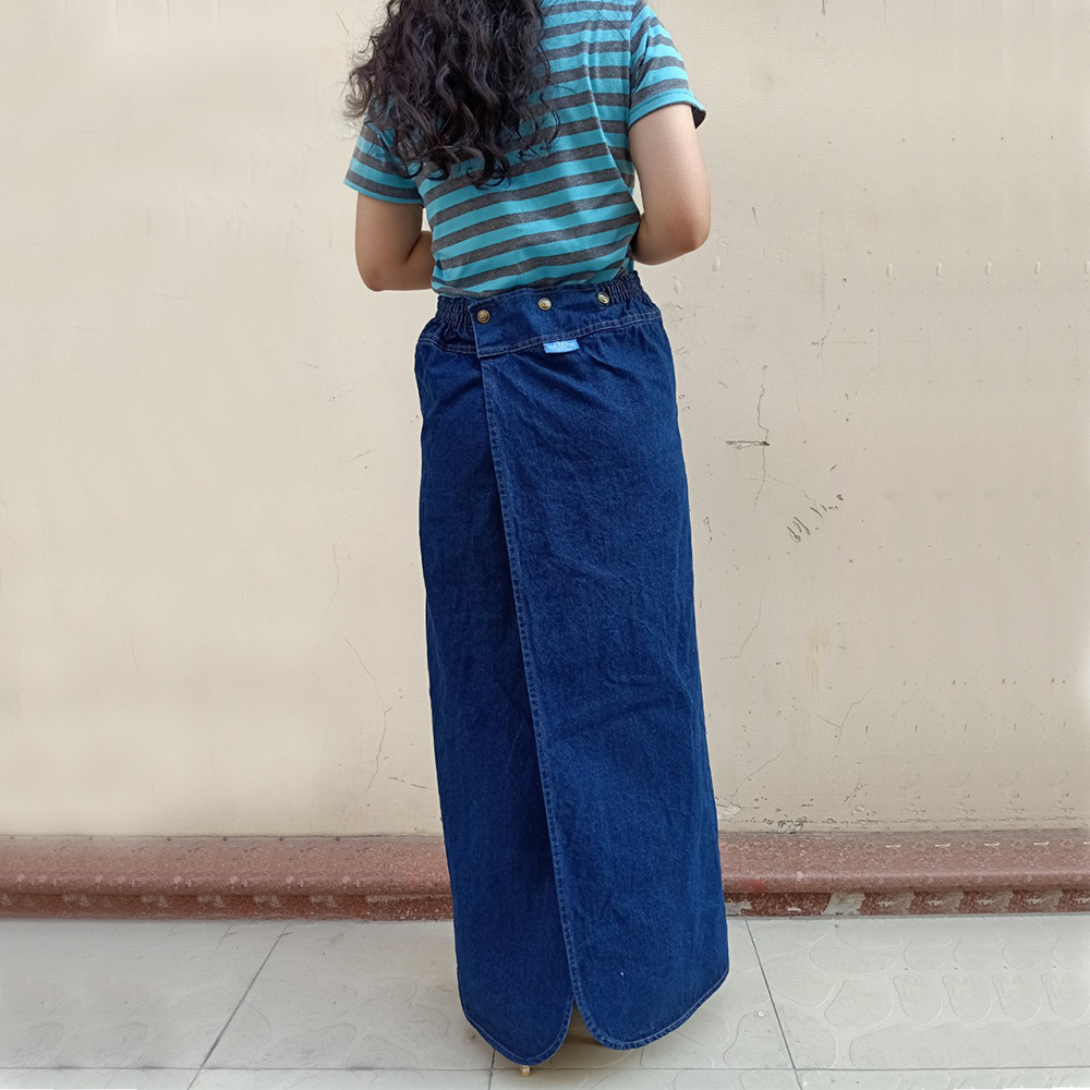 Váy Chống Nắng Xẻ Tà Cao cấp Vải Jean Cotton Mềm Mại, Dày Dặn Thêu Họa Tiết Hoa Thạch Thảo Xanh