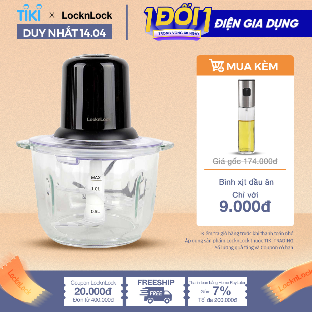 Máy xay thịt LocknLock - One Touch Meat Chopper - EJM116BLK (350W- 2L) - Màu đen - Hàng chính hãng