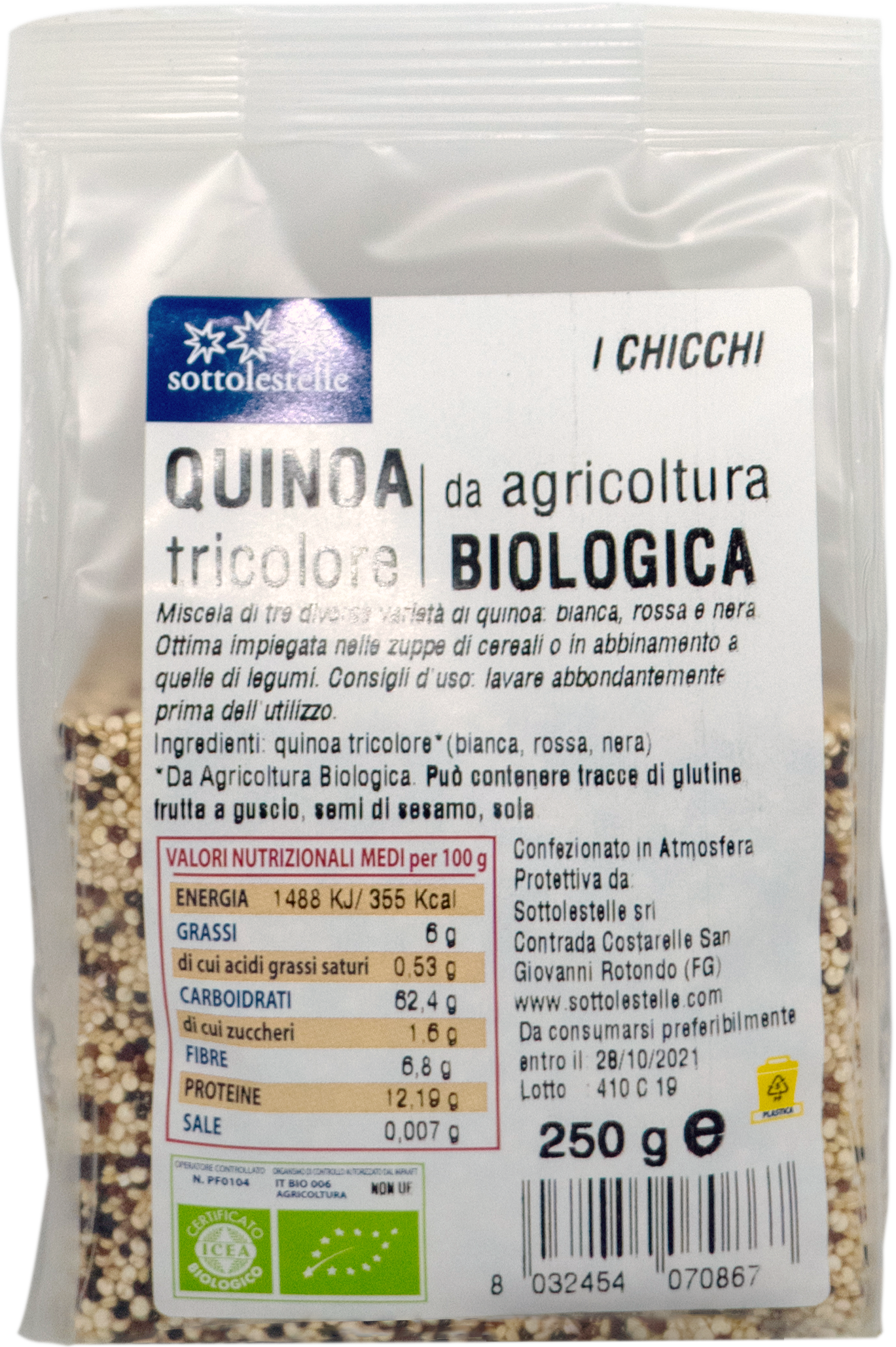 Hạt diêm mạch hỗn hợp ba màu hữu cơ Sottolestelle 250g Organic Quinoa Tricolor