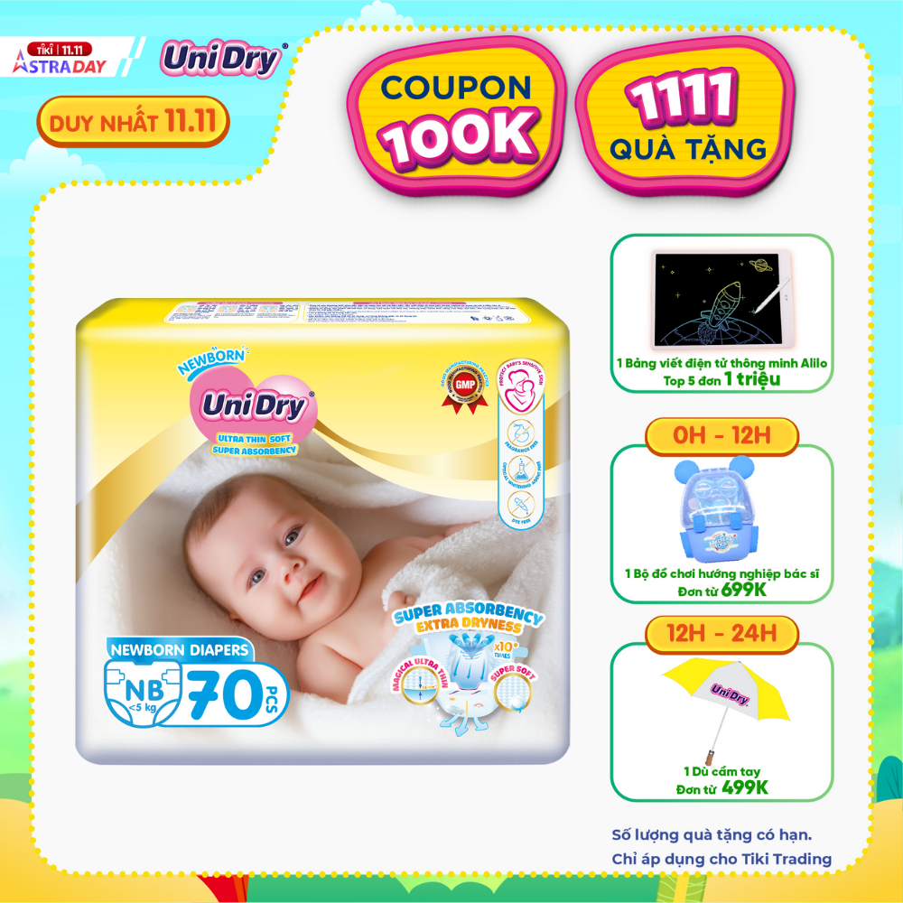 Tã Dán sơ sinh UniDry Newborn Siêu Mỏng Mềm, Siêu Thấm Hút (Dưới 5kg) -  70 miếng