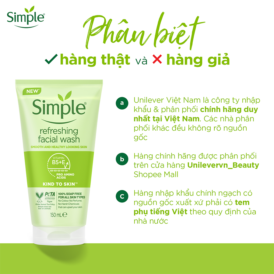 Sữa rửa mặt Simple giúp da sạch thoáng & không chứa xà phòng 150ml [CHÍNH HÃNG ĐỘC QUYỀN]