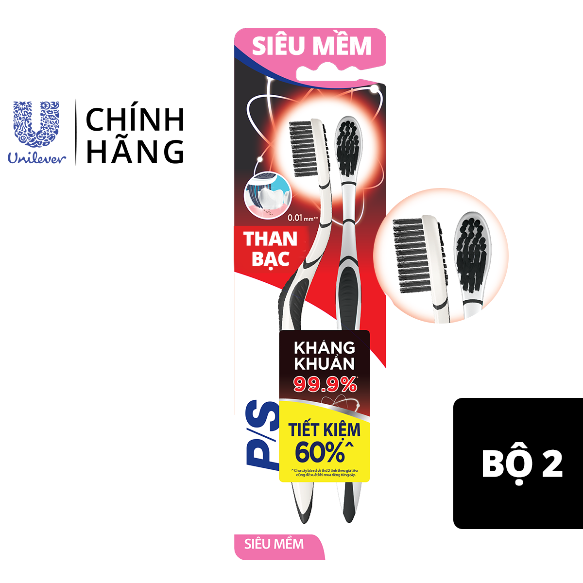 Bộ 2 Bàn Chải Đánh Răng P/S Chải Sạch Mảng Bám Hiệu Quả Than Bạc Kháng Khuẩn 99,9%