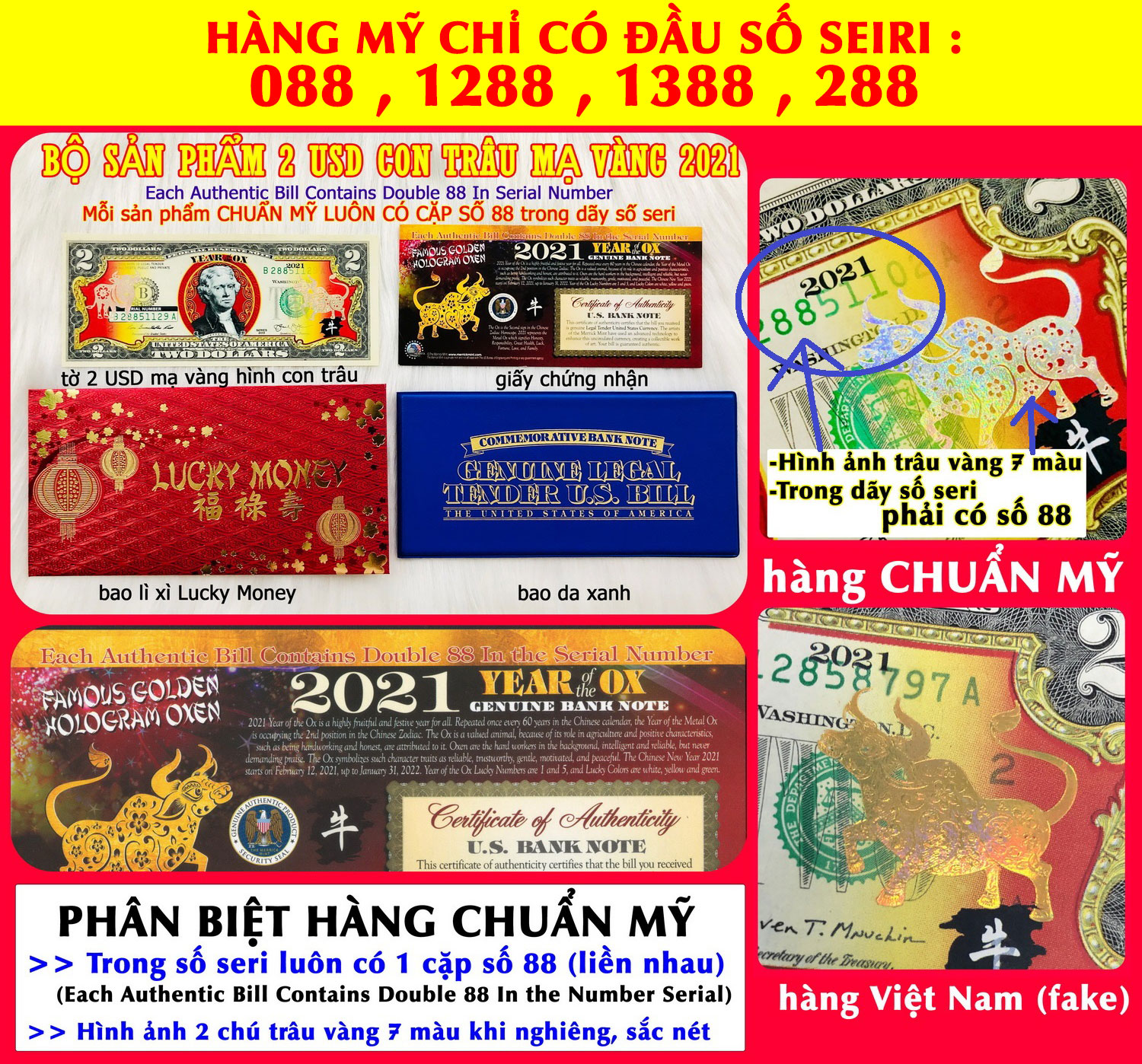 [CHUẨN MỸ] Tiền 2 USD Hình Con Trâu Mạ Vàng 2021 - chuẩn đồ Mỹ - số seri có cặp 88