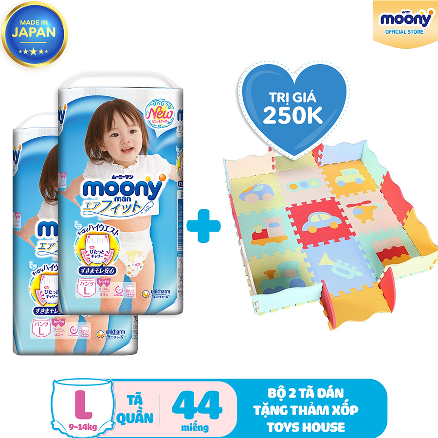 Combo 2 Gói Tã Quần Cao Cấp Moony Nhật Bản Bé Gái L44 (44 Miếng/Gói) - Tặng 1 Thảm Xốp Quây