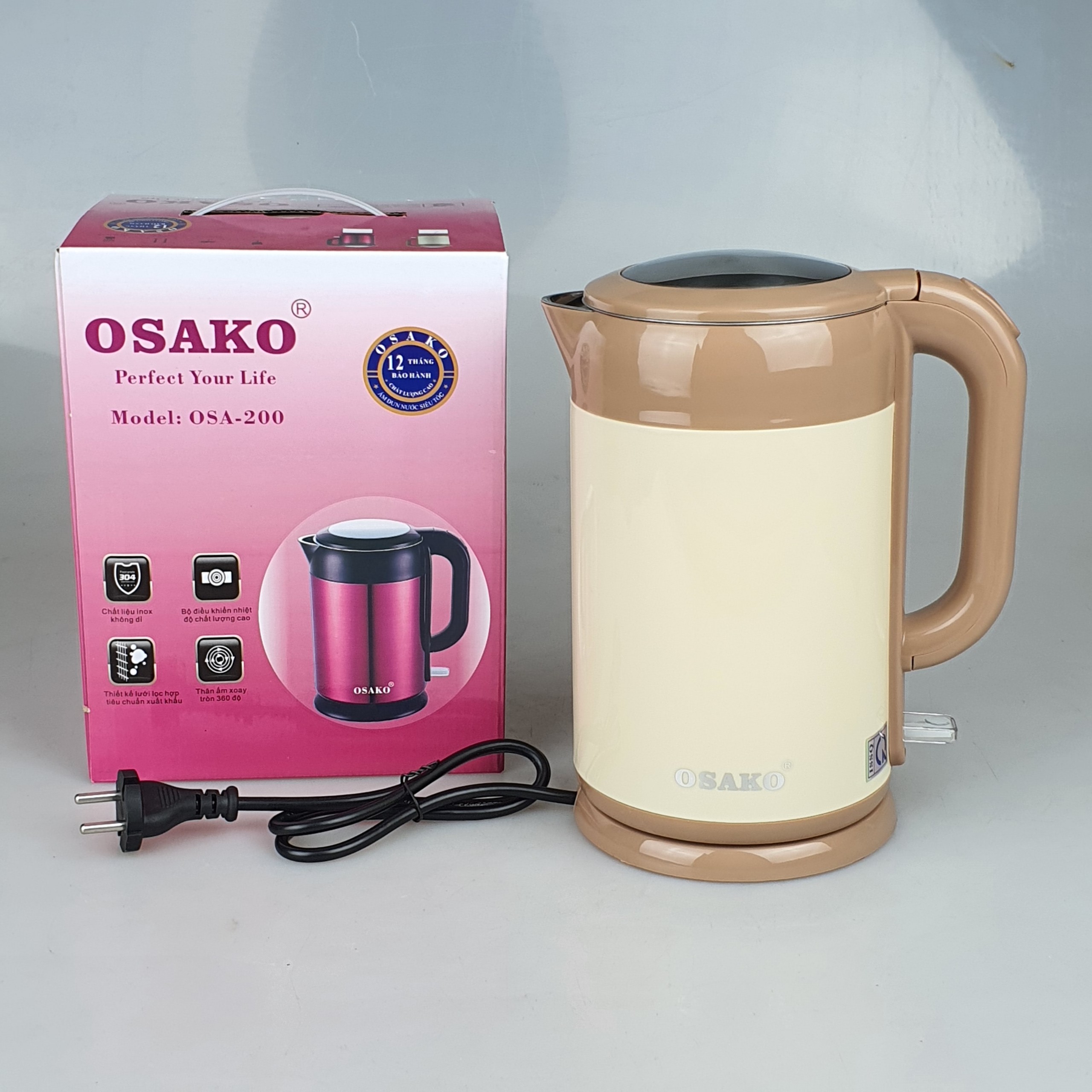 Ấm Siêu Tốc 2L Inox 304 Osako OSA-200 2 Lớp Công Suất 1500W Đun Sôi Cực Nhanh Tiết Kiệm Điện -Hàng Chính Hãng