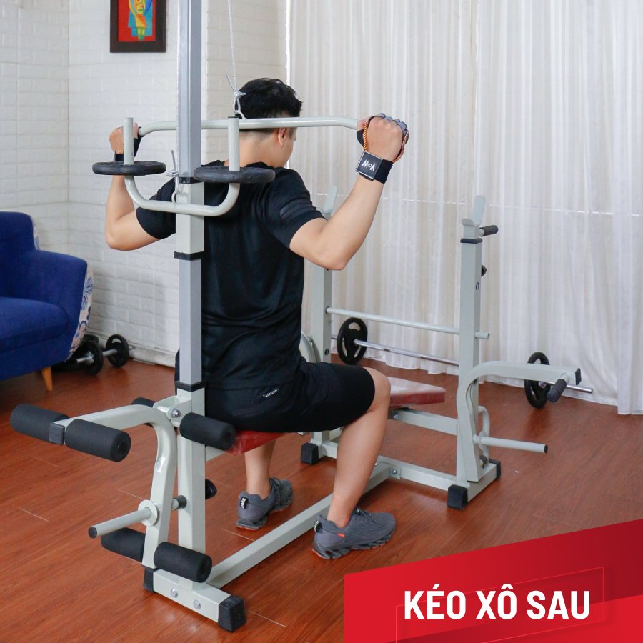 Giàn tạ đa năng 2014 kèm 54kg tạ gang , đòn tạ 1m5, 1 găng tay tập tạ