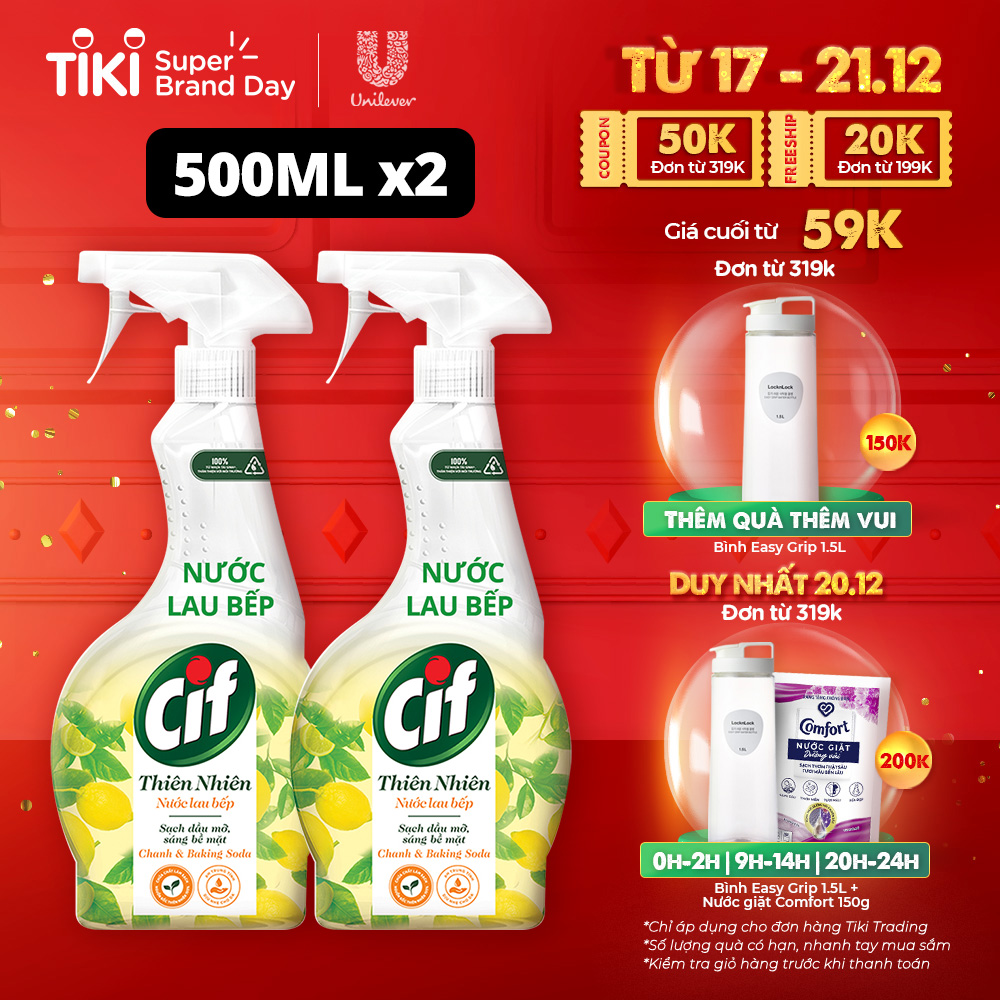 Combo Nước Xịt Vệ Sinh Cif Thiên Nhiên Lau Bếp Hương Chanh &amp; Baking Soda Sạch Dầu Mỡ An Toàn 500ml x 2