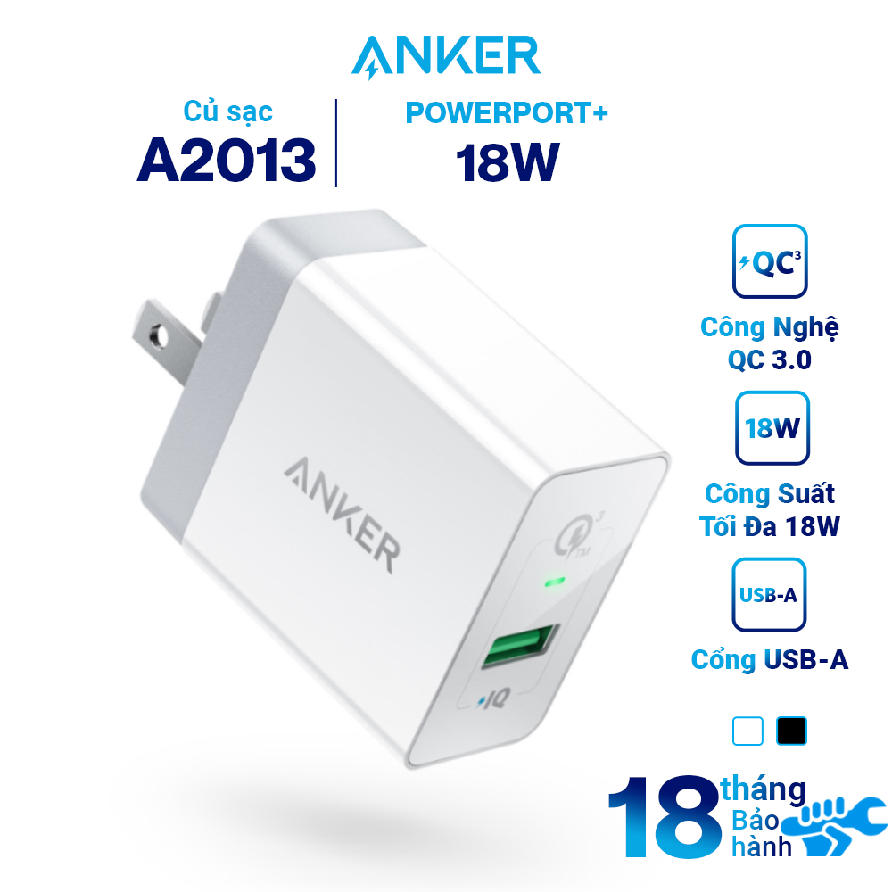 Adapter Sạc 1 Cổng Anker PowerPort+ 18W Tích Hợp PowerIQ Hỗ Trợ Sạc Nhanh QC 3.0 - A2013111