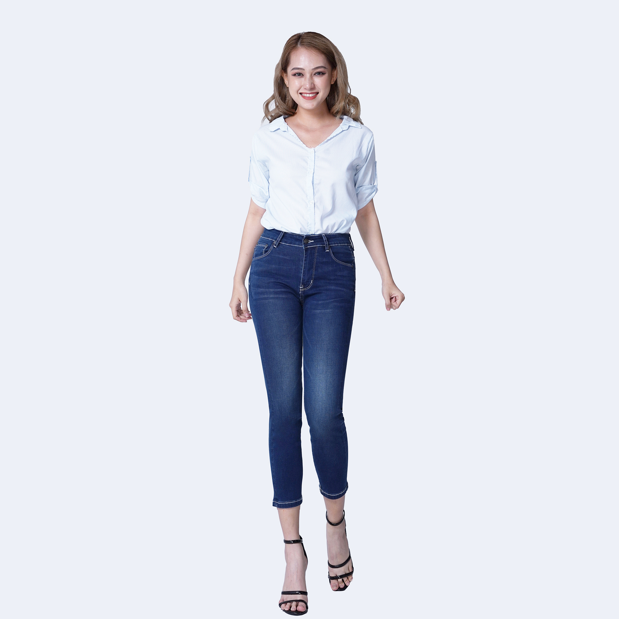 Quần Jean Nữ Aaa Jeans Lưng Cao Skinny Dáng Lửng Màu Xanh Lam