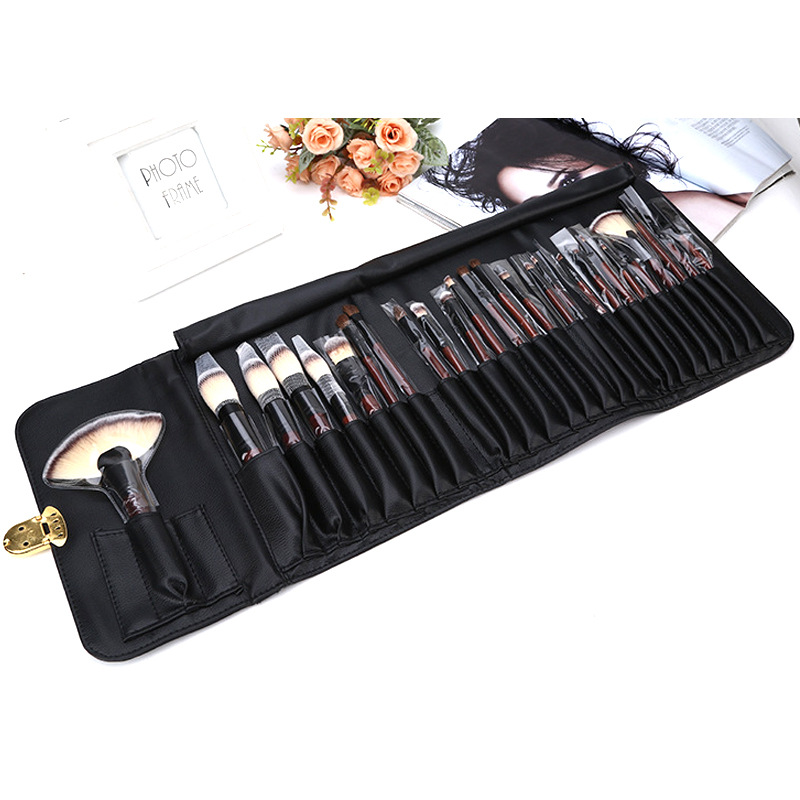 Bộ Cọ Trang Điểm Chuyên Nghiệp 26 Cây Cán Gỗ Lông Ngựa Pha Lông Nhân Tạo Bao Da Khóa