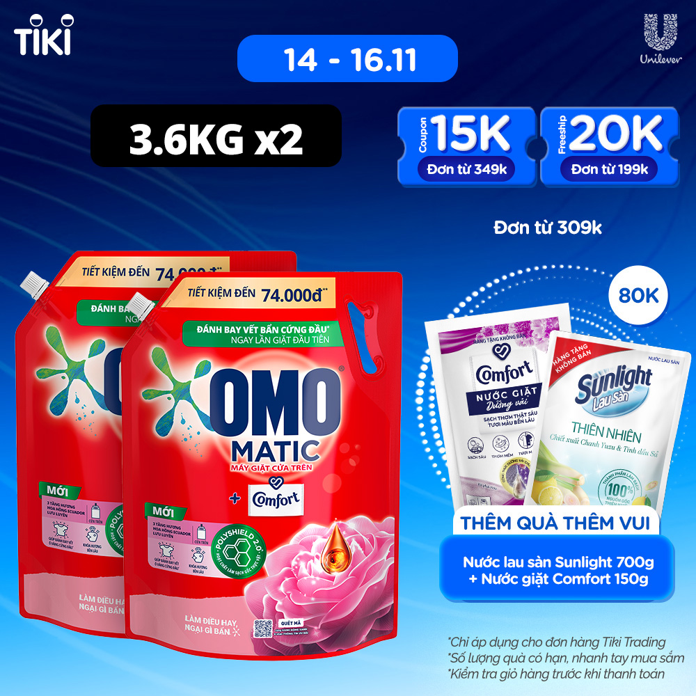 Combo 2 túi Nước giặt OMO Matic Comfort Hương Hoa Hồng Ecuador cho máy giặt cửa trên, túi 3.6kg