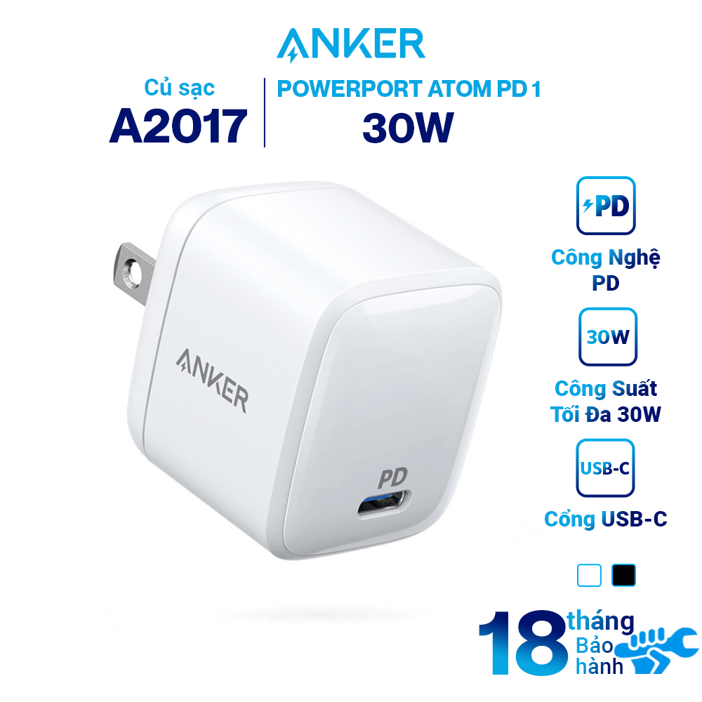 Adapter Sạc 1 Cổng 30W Anker PowerPort Atom PD 1 Tích Hợp Công Nghệ GaN - A2017 - Hàng Chính Hãng