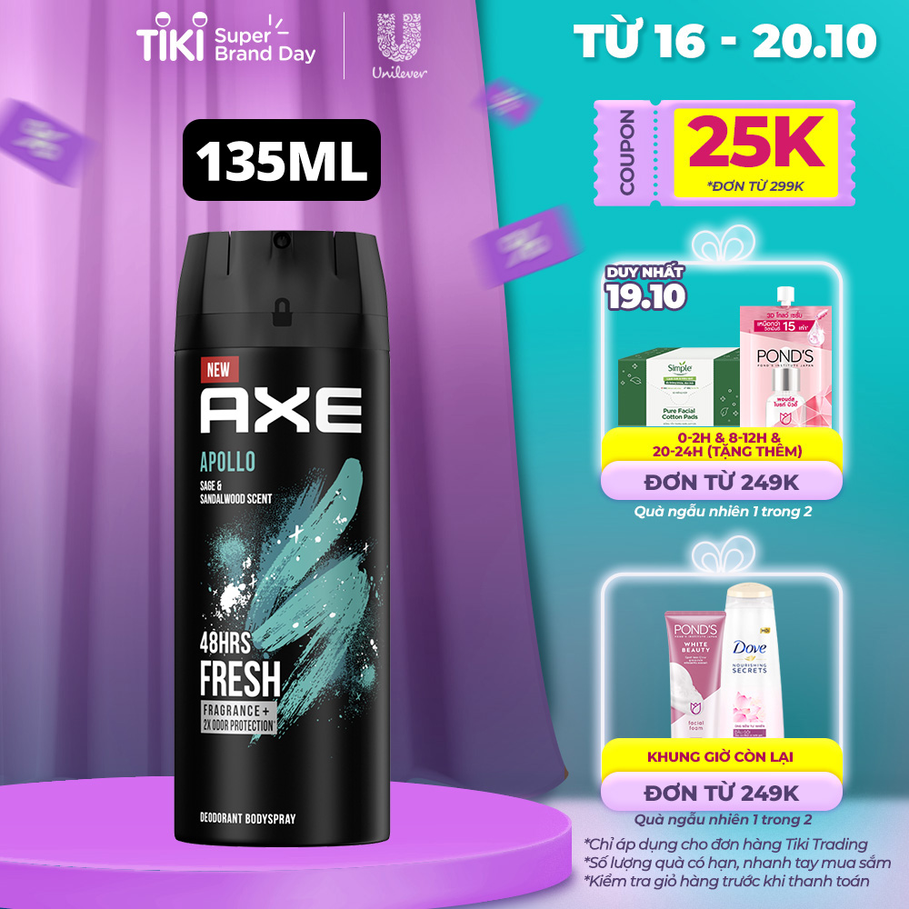 Xịt nước hoa toàn thân Axe Apollo Khử mùi cho nam Hương thơm hoang dại nồng nàn từ thảo mộc &amp; đàn hương 135ml