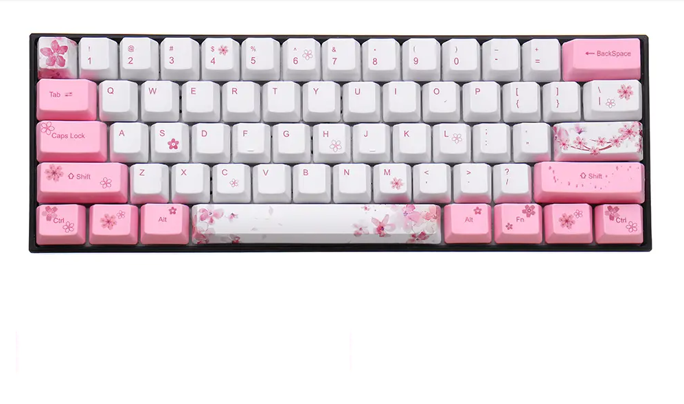 Keycap  PBT dành cho Bàn phím cơ không dây RK61 – Chính hãng Royal Kludge. 61 phím, Hoạ tiết Hoa anh đào, công nghệ in Dye–sub, bền đẹp. OEM Profile.