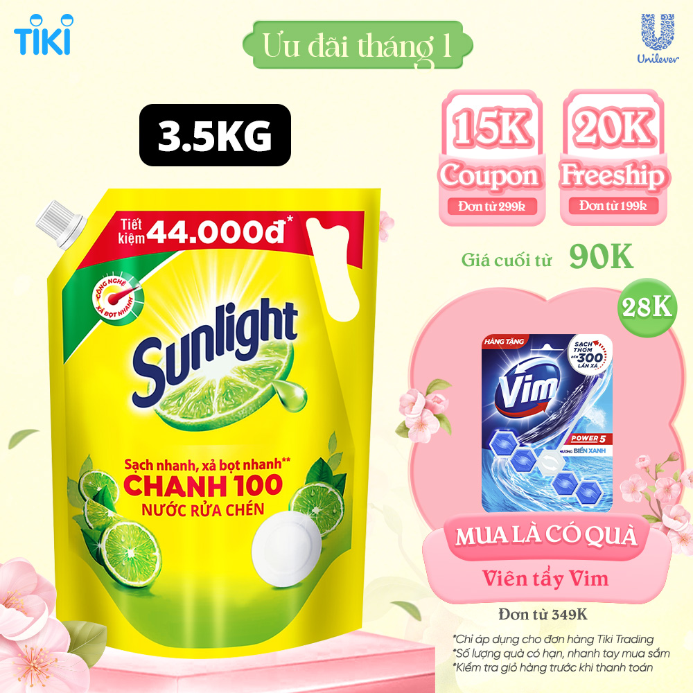 Nước Rửa Chén Bát Sunlight Chanh 100 Sạch Nhanh Xả Bọt Nhanh Rửa Sạch Dầu Mỡ - Túi 3.5KG