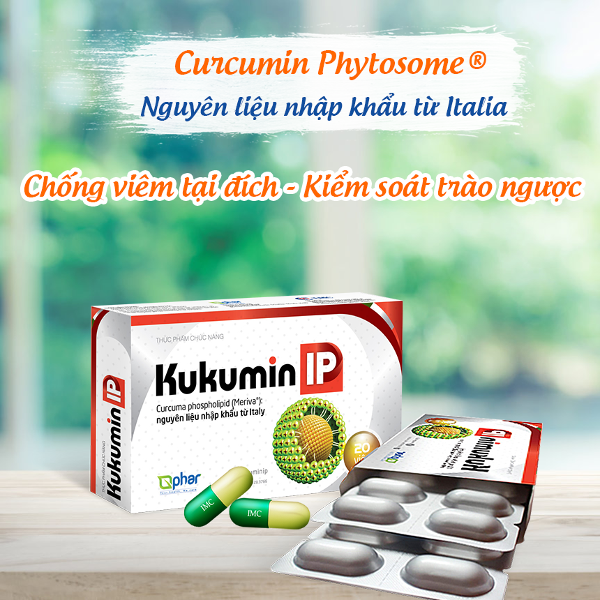 Thực phẩm bảo vệ sức khỏe KUKUMIN IP (Chứa Curcumin Phytosome từ Italia) - cho người trào ngược và viêm loét dạ dày (20 viên)